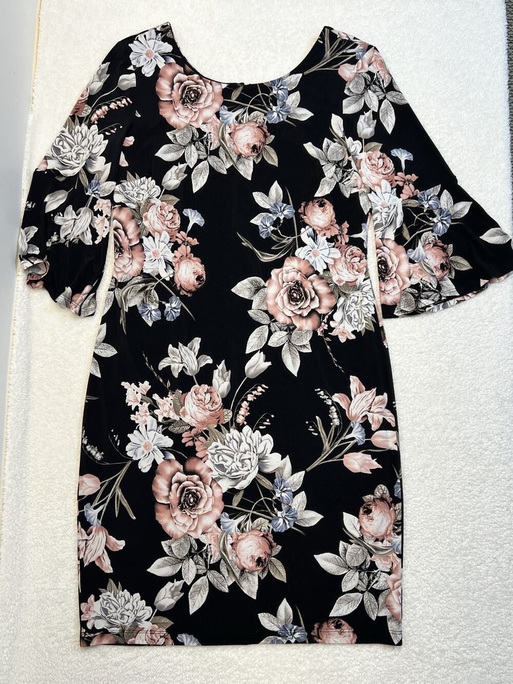 Elegant Frank Lyman Floral Woman Dress 3/4 Sleeve Black Blush Pink Roses, Sz 12